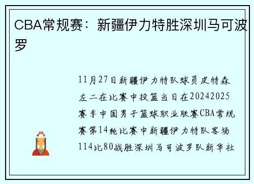 CBA常规赛：新疆伊力特胜深圳马可波罗
